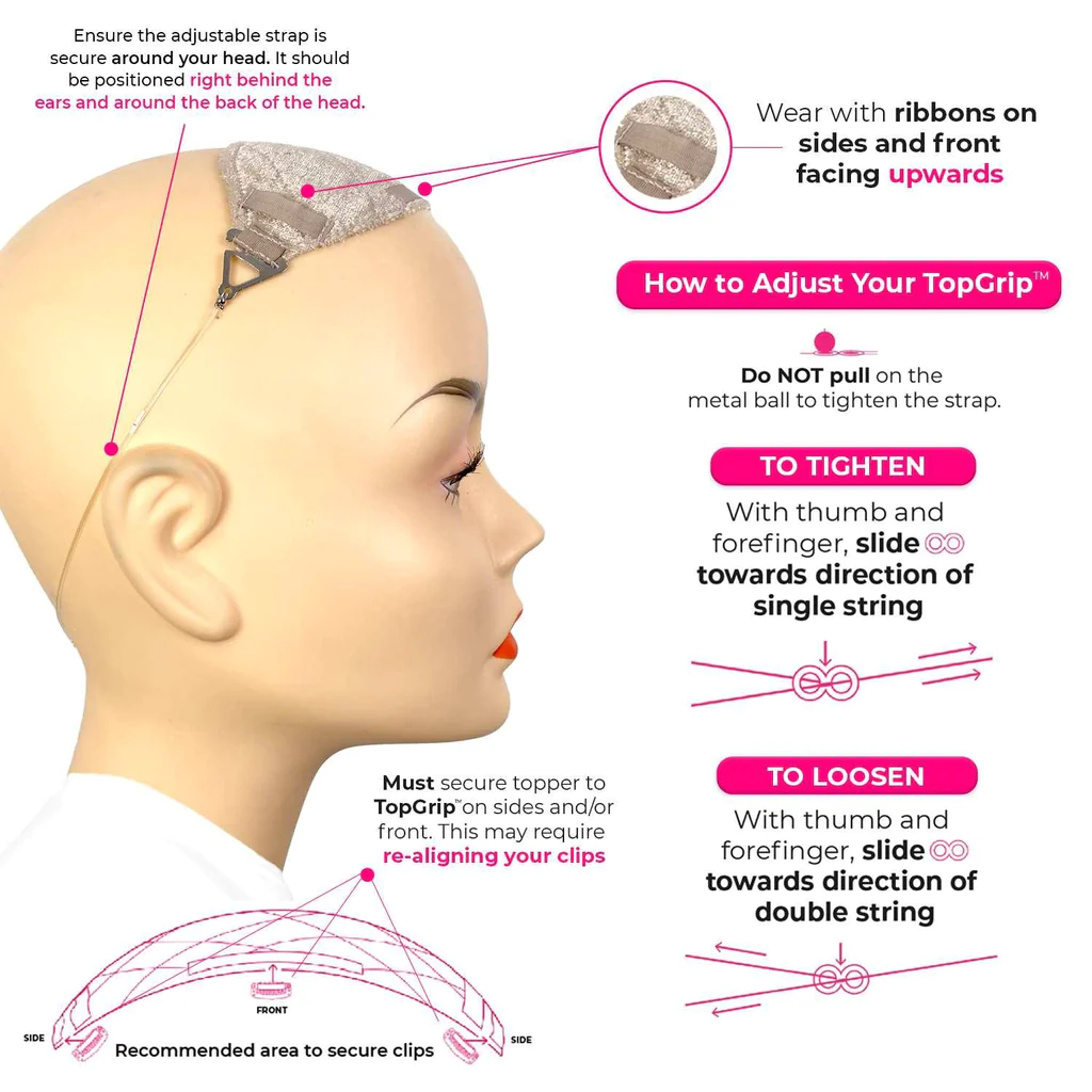 Milano Lace TopGrip Band op het hoofd plaatsen Vrouw plaatst de Milano Lace TopGrip Band op haar hoofd met het label aan de buitenkant