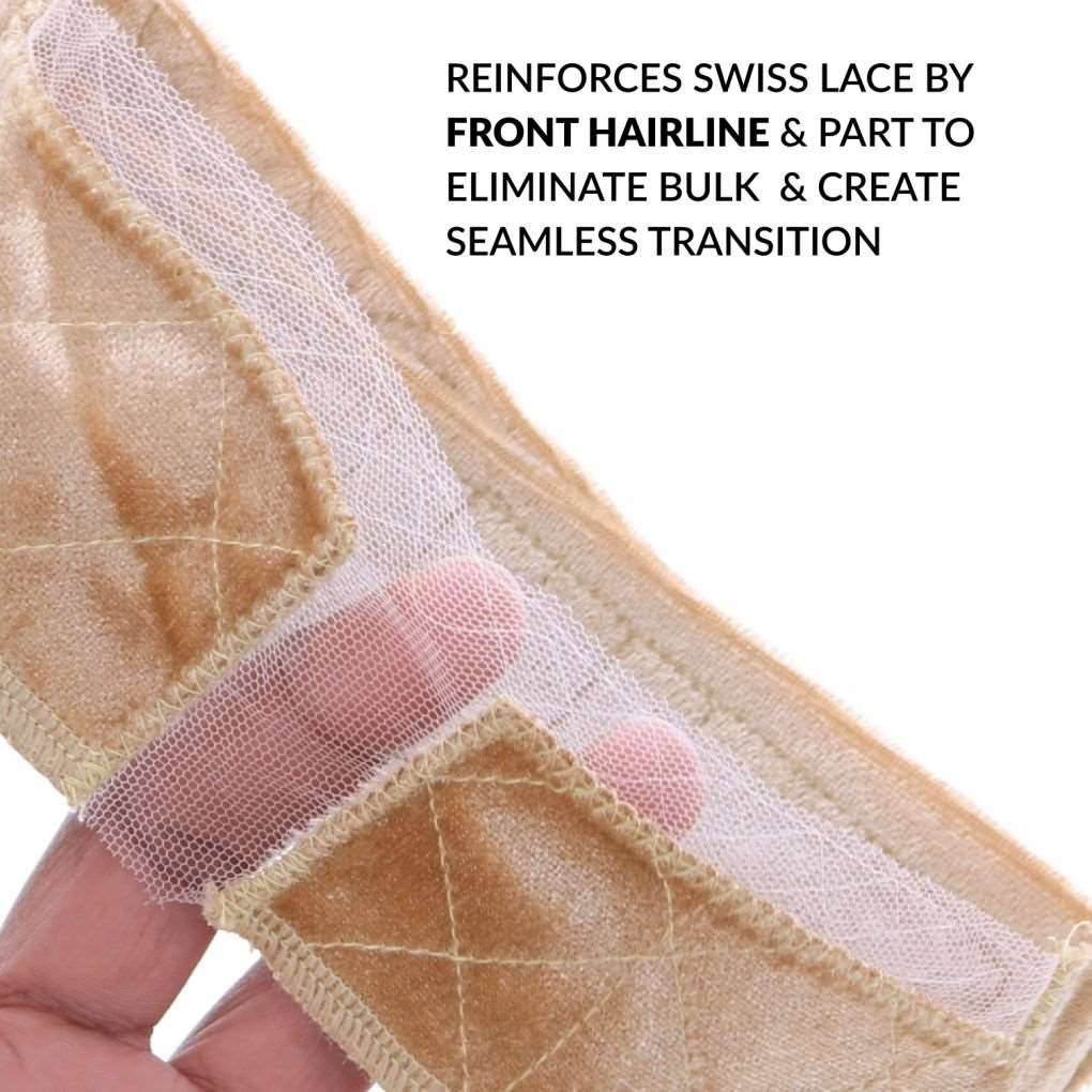 Foto met uitleg over de materialen van de WigGrip Comfort Band met lace – zacht, ademend en verstelbaar