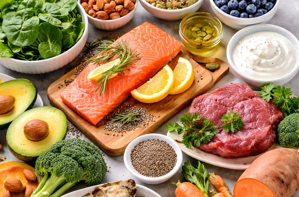 Overzicht van gezonde voeding zoals zalm, eieren, noten, groenten en avocado die bijdragen aan sterk en glanzend haar