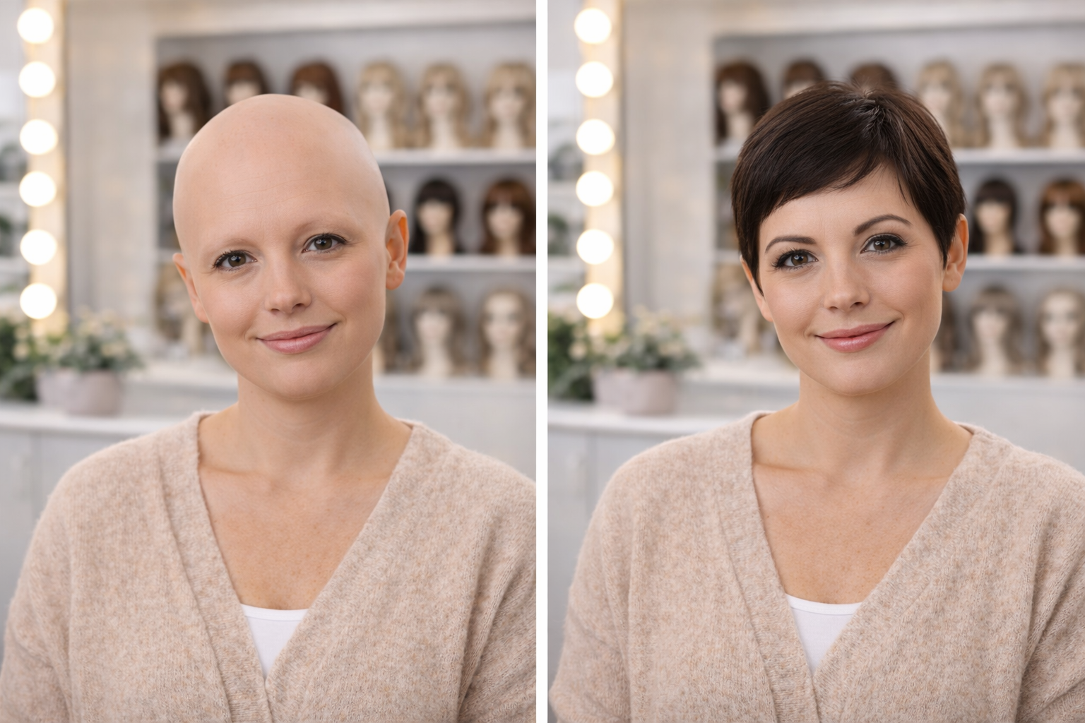 Voor en na resultaat van een vrouw met alopecia universalis met een kort donker haarwerk en natuurlijke uitstraling