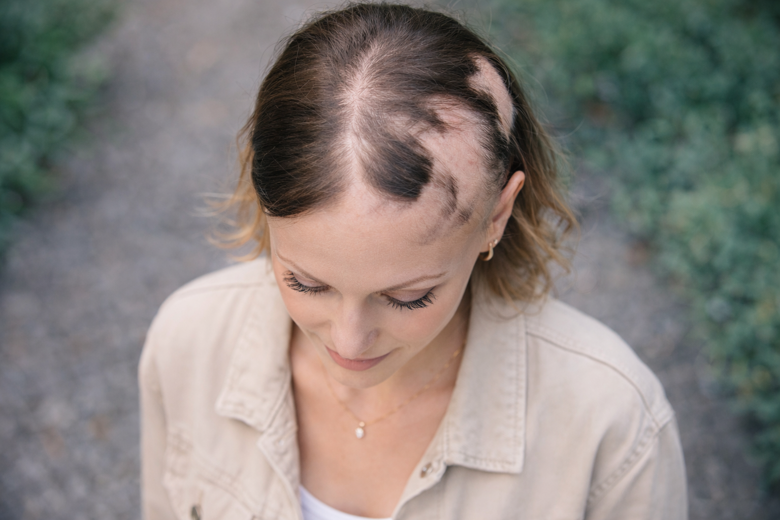 Bovenaanzicht van een vrouw met alopecia areata waarbij kale plekken op de hoofdhuid zichtbaar zijn tussen het haar