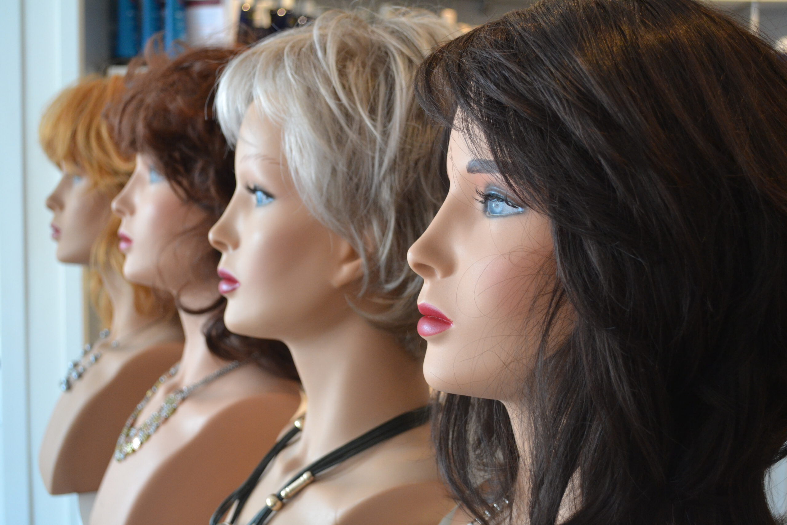 Rijtje hoofden met verschillende haarwerken in diverse kleuren en modellen in haarwerksalon