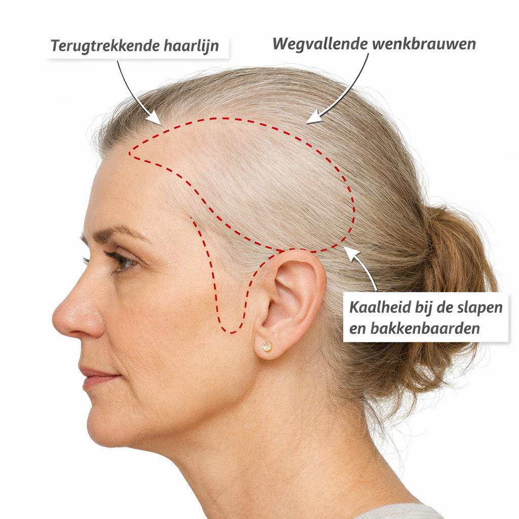 Illustratie van Frontale Fibroserende Alopecia (FFA) met terugtrekkende haarlijn, haarverlies bij slapen en bakkenbaarden en wegvallende wenkbrauwen