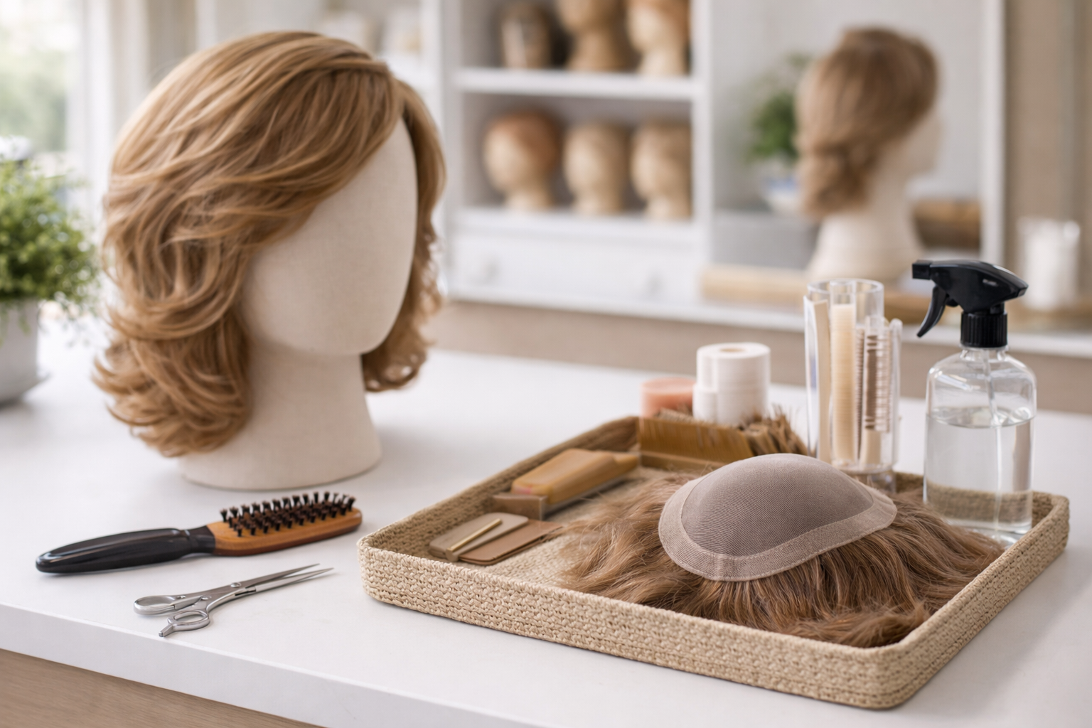 Werkplek in haarwerksalon met haarwerk, professionele kappersschaar en stylingtools