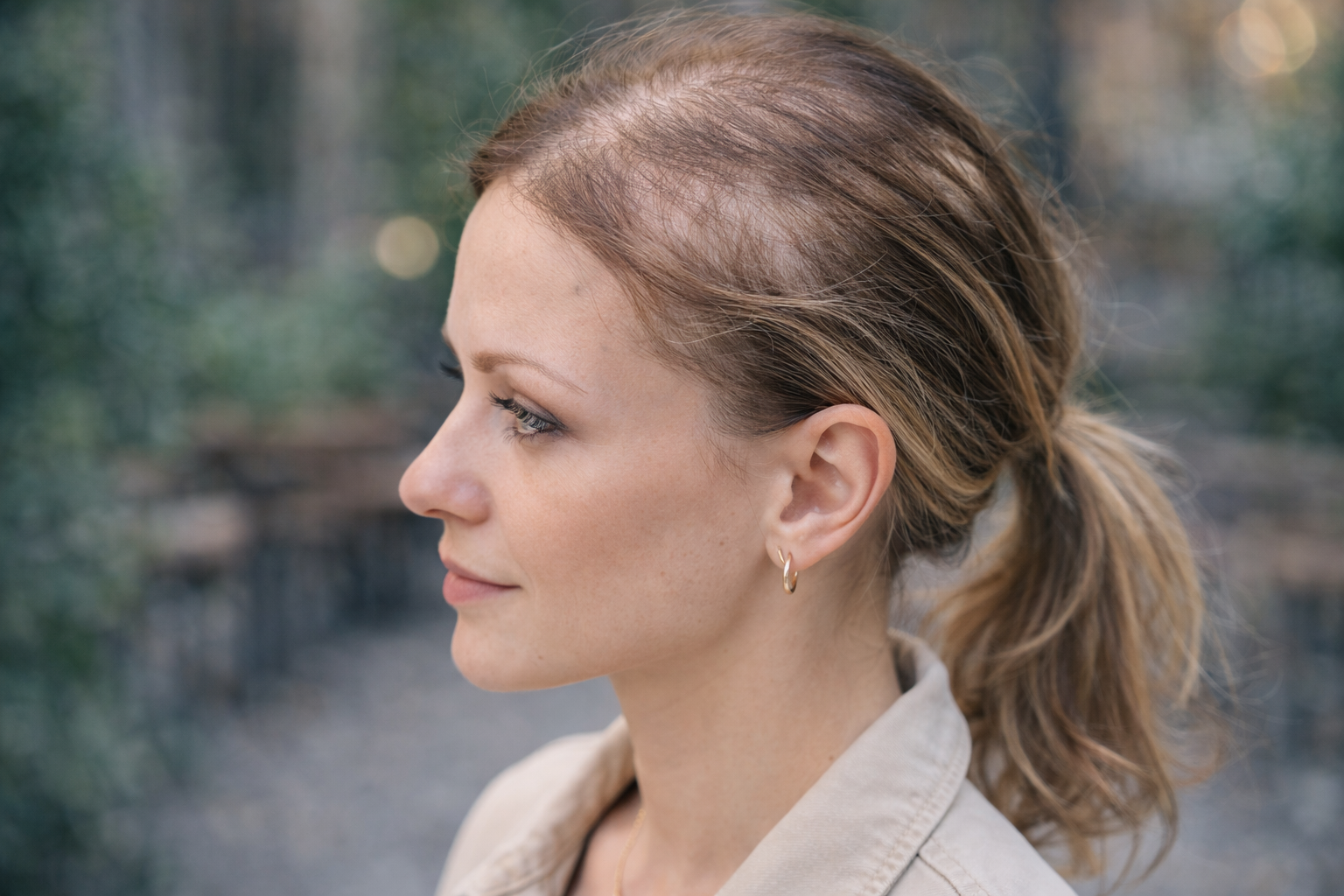Zijaanzicht van een vrouw met diffuse haaruitval waarbij zichtbaar dunner wordend haar te zien is bij de aanzet en kruin