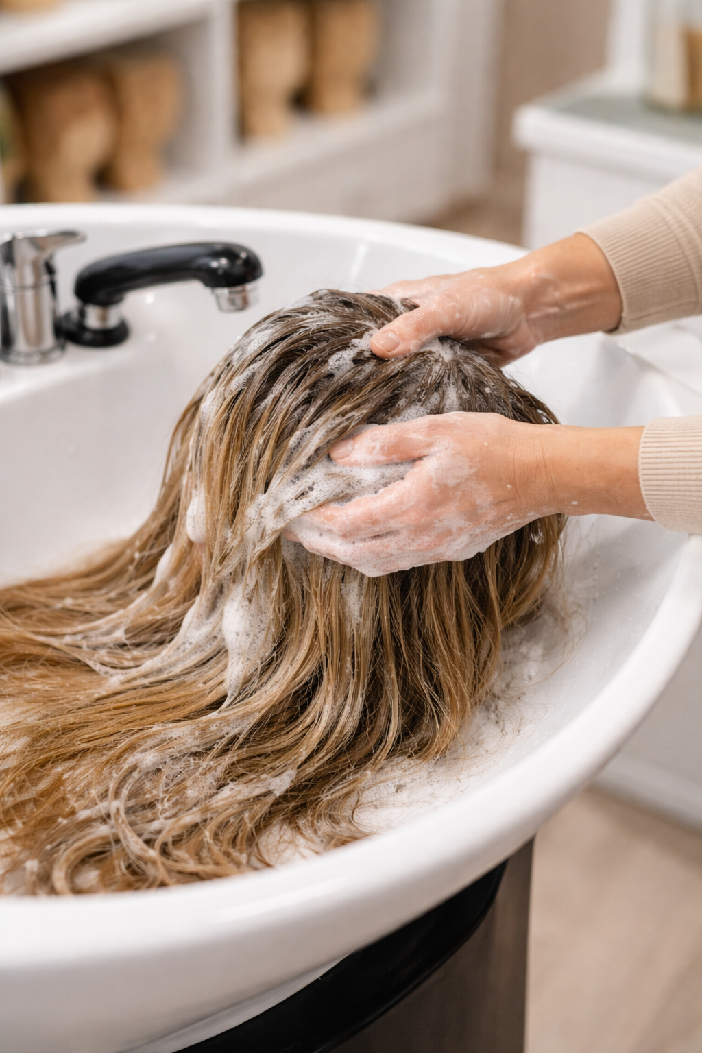 Verzorging van een lang haarwerk tijdens het wassen in een salon wasbak